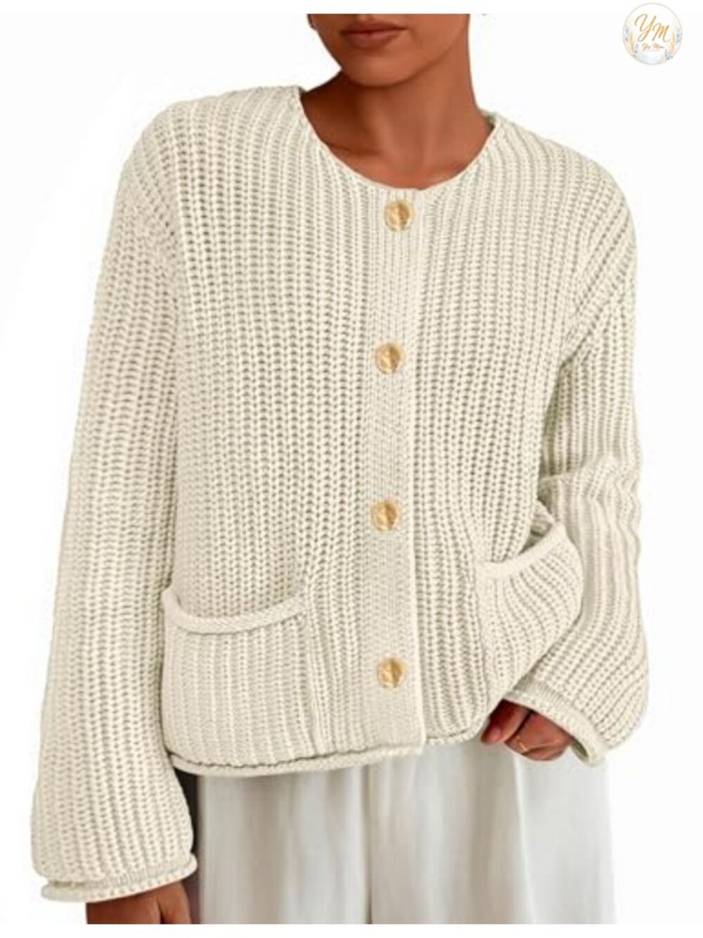 Oversized Chunky Knit Cardigan Sweater with Gold Buttons and Pockets